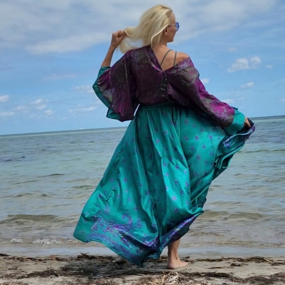 Handprinted Silk Authentic Designer Kimono Batik Long Maxi Dress Luxury Resort - Picture 10 of 16